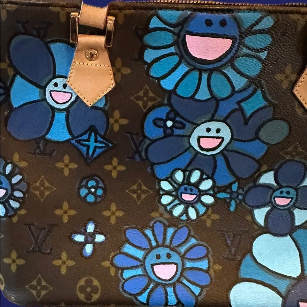 Louis Vuitton Blue Floral Tote Bag  Upcycled and Hand Painted - Picture 5 of 16